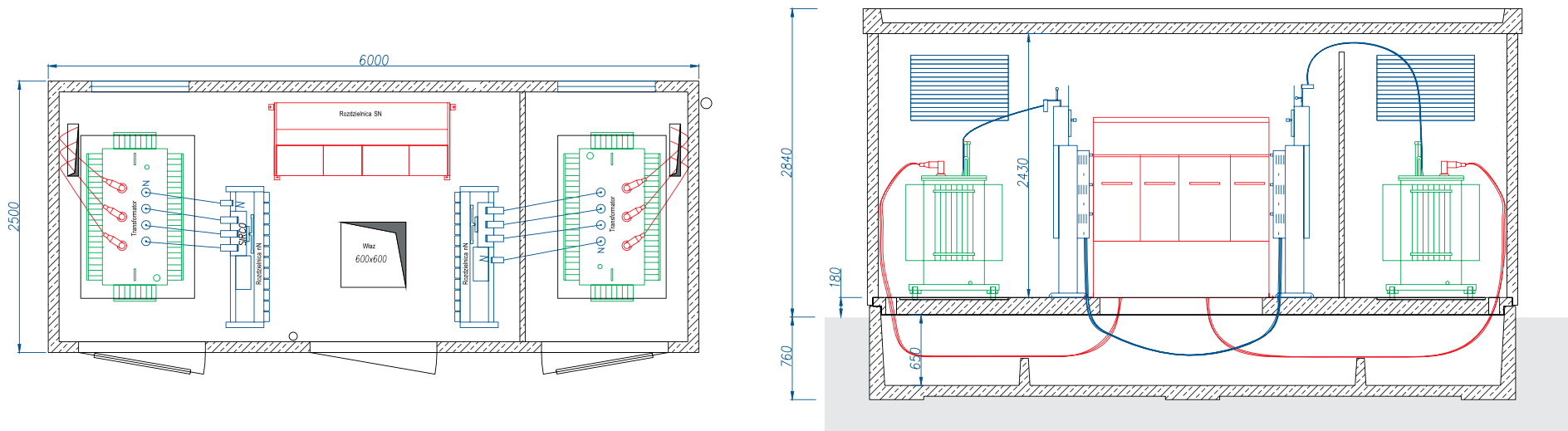 Rzut stacji transformatorowej BEK 250/600