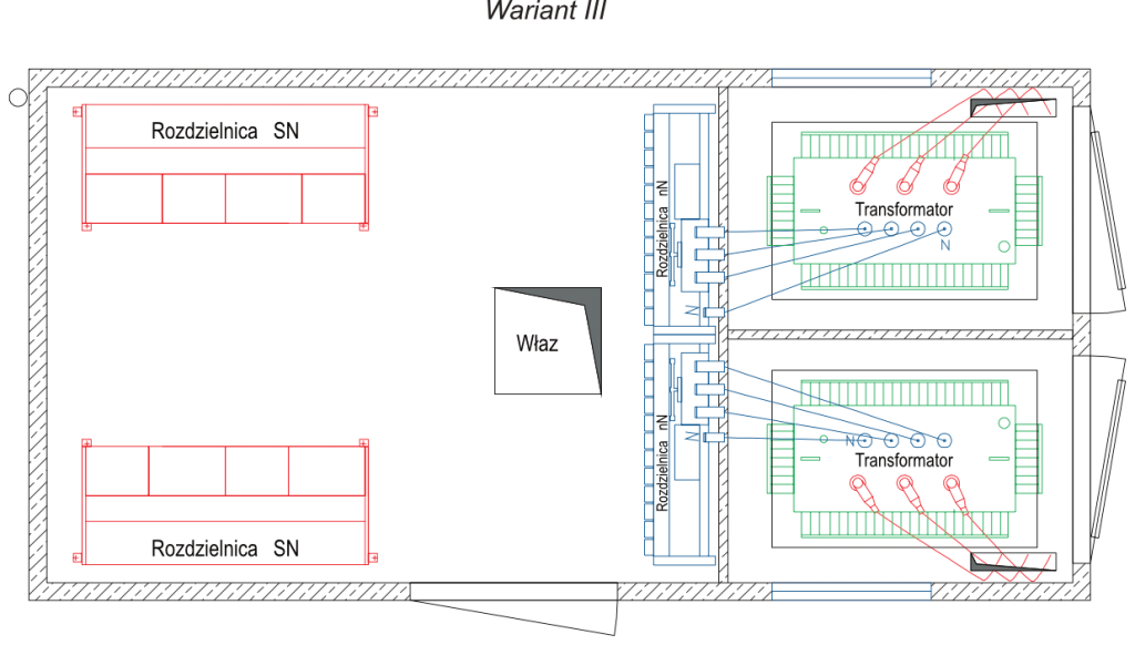 Rzut stacji transformatorowej typu BEK 300/600 - wariant III
