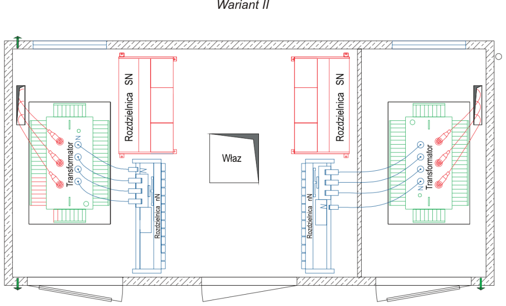 Rzut stacji transformatorowej typu BEK 300/600 - wariant II