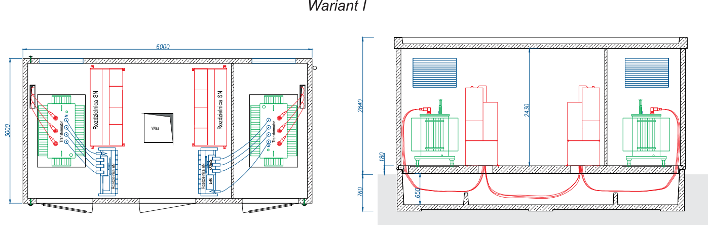 Rzut stacji transformatorowej BEK 300/600 - wariant I