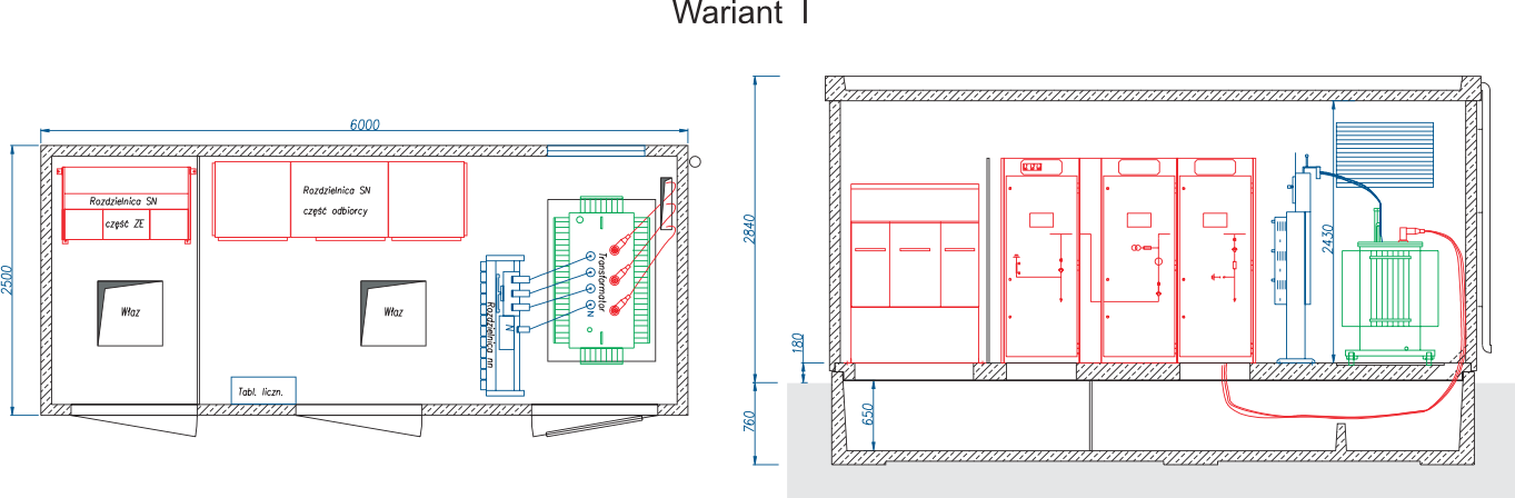 Rzut stacji transformatorowej typu BEK 250/600