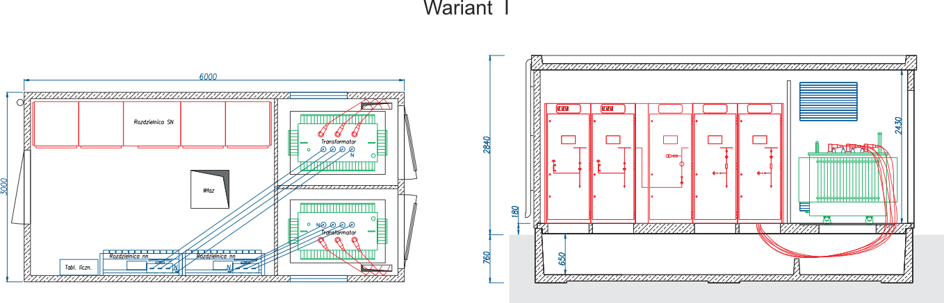 Rzut stacji transformatorowej typu BEK 300/600