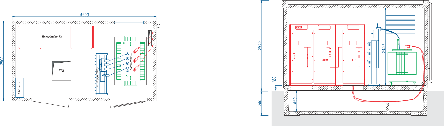 Rzut stacji transformatorowej typu BEK 250/450