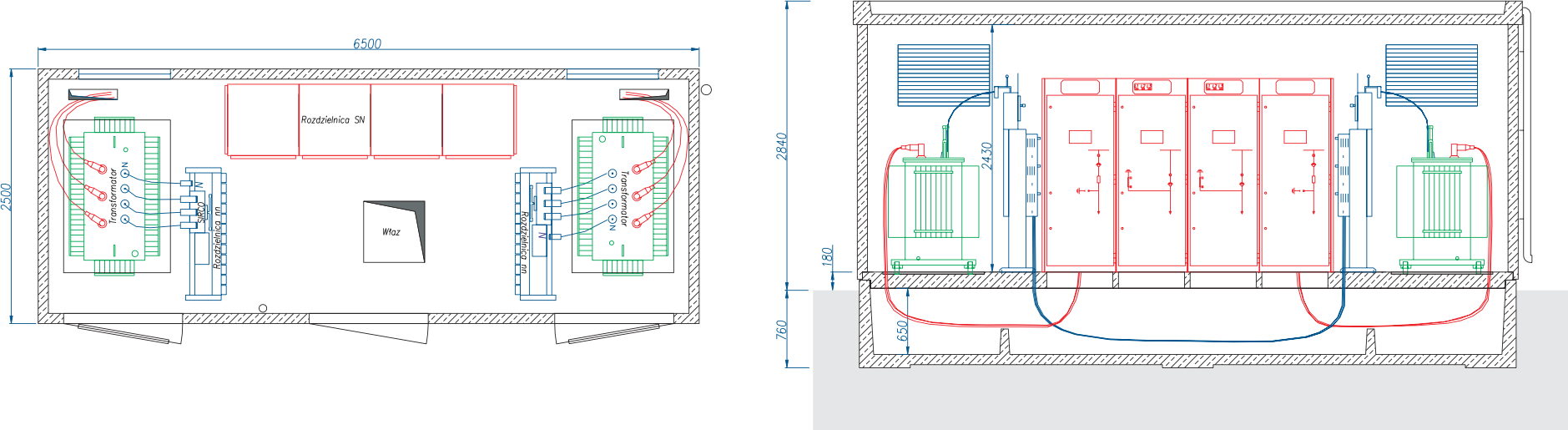 Rzut stacji transformatorowej typu BEK 250/650