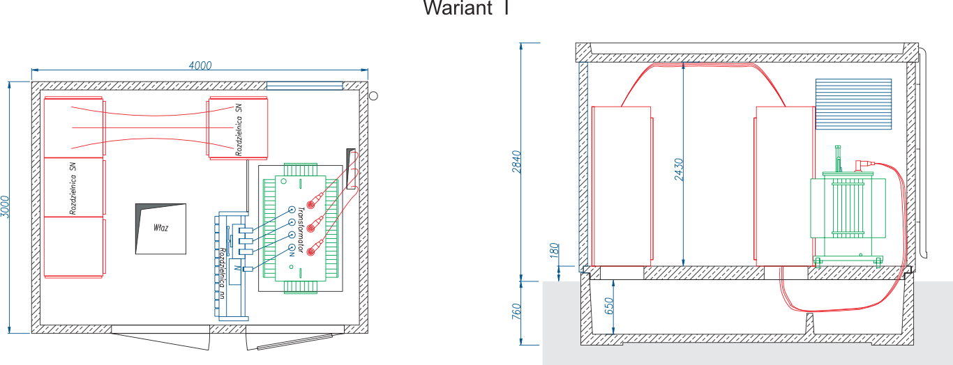 Rzut stacji transformatorowej typu BEK 300/400